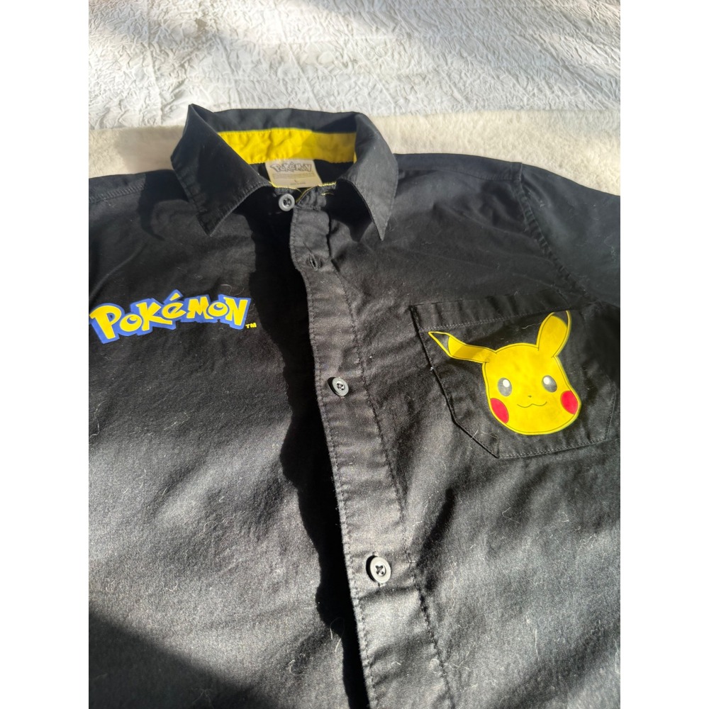 Pokemon Pikachu Black Button Down Short Sleeve Shirt kids Large Logo Graphic